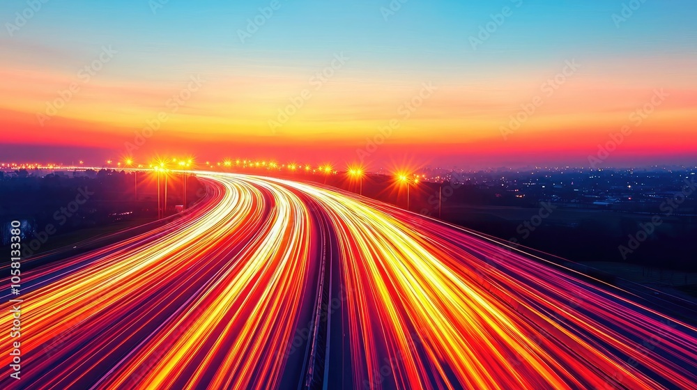 Light trails on highway at sunset, vibrant colors and smooth motion, aerial view. Light trails on highway at sunset, vibrant colors and smooth motion, aerial view.