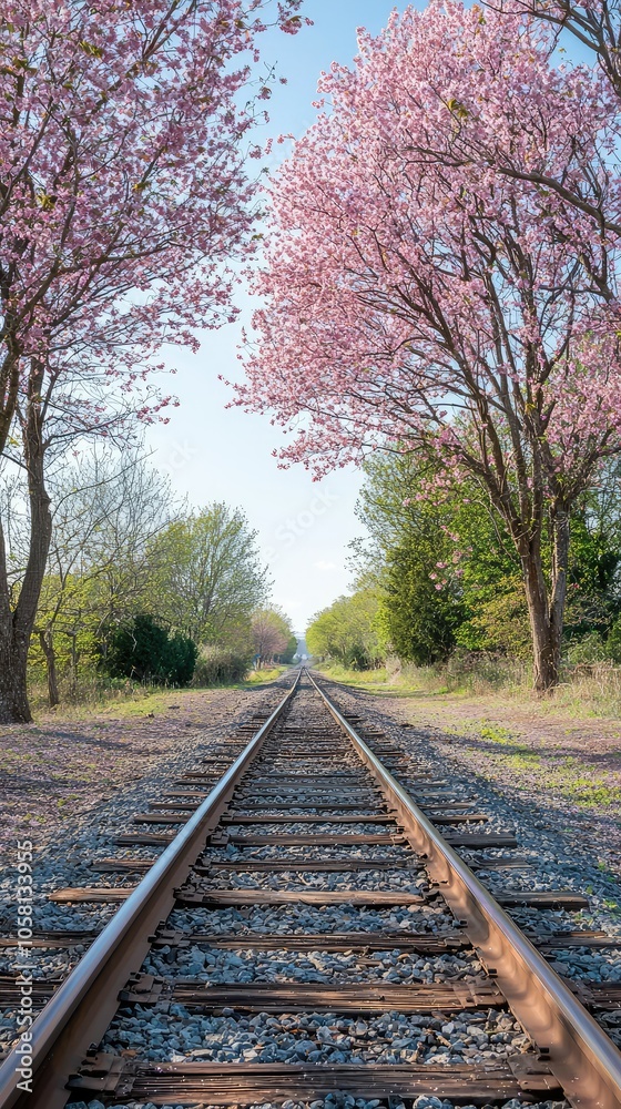 Fototapeta premium Tranquil Train Tracks Under Blooming Canopy