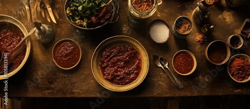 A rustic wooden table with various bowls of red sauce, spices, and herbs.