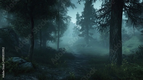 A Foggy Forest Path Leading Through Tall Trees