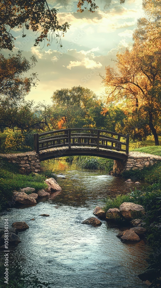 Obraz premium Scenic Tranquil Bridge Over Serene Waterway
