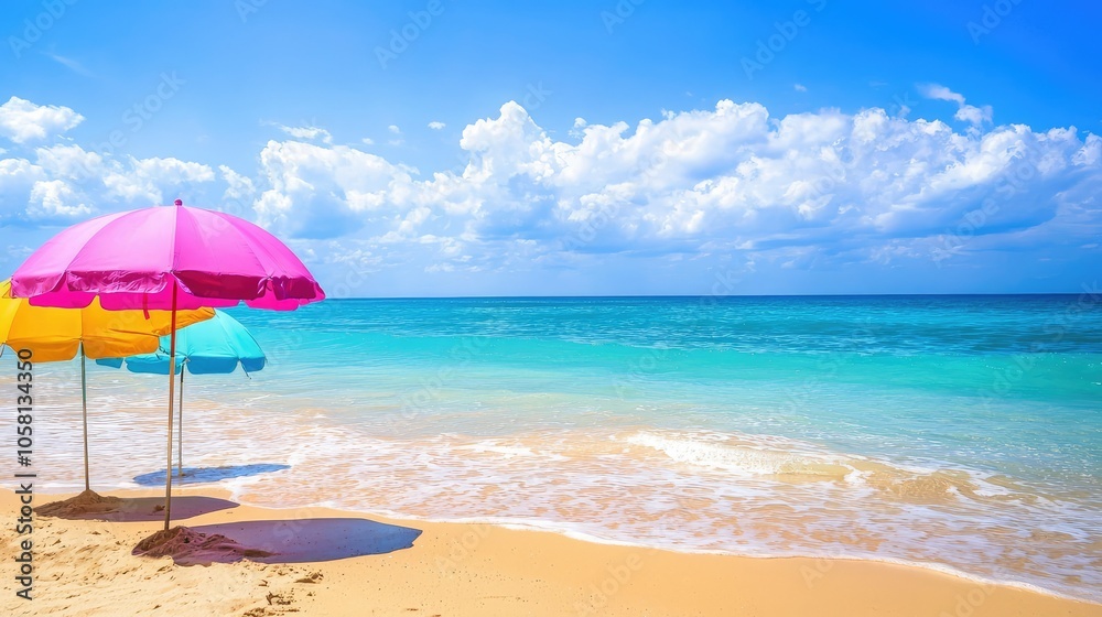 Bright Summer Beach Scene with Colorful Umbrellas Bright Summer Beach Scene with Colorful Umbrellas
