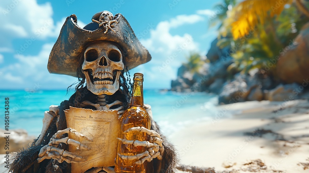 Fototapeta premium A pirate skeleton with a bottle of rum and a map on a tropical beach.