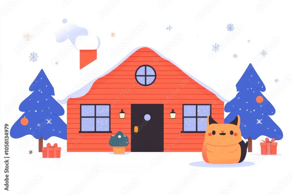 Naklejka premium Illustrated cozy red house with snow covered roof and winter decorations capturing holiday warmth and charm ideal for Christmas visuals seasonal themes or childrens books