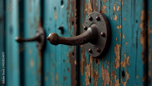  Weathered charm  A rusted door handle on a faded blue door