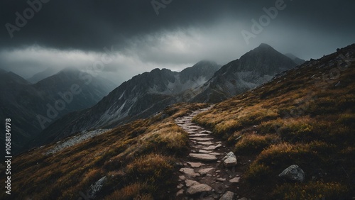 Rocky hiking path with dark gloomy stormy sky, rain clouds, and mountain background