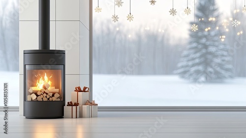 A sleek wood stove warms a stylish living room, featuring large windows showcasing a snowy forest and whimsical holiday lights