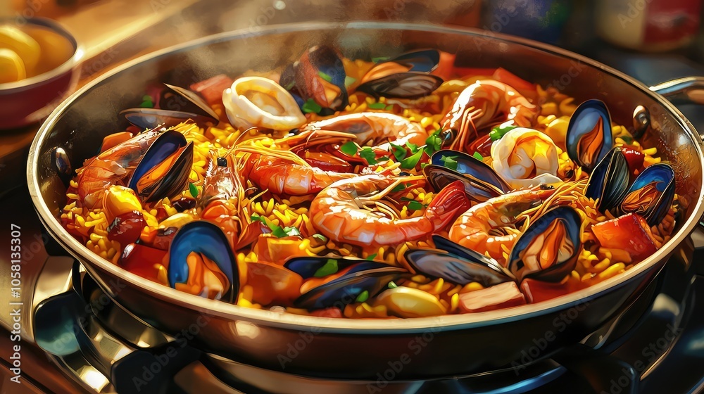 Artistic Seafood Paella Dish with Vibrant Ingredients Artistic Seafood Paella Dish with Vibrant Ingredients