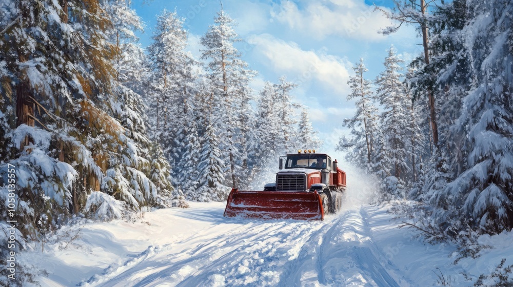 A snowplow moves along a snowy road, efficiently clearing a path through a picturesque forest. A snowplow moves along a snowy road, efficiently clearing a path through a picturesque forest.