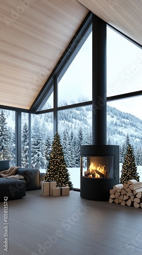 A sleek wood stove warms a stylish living room, featuring large windows showcasing a snowy forest and whimsical holiday lights