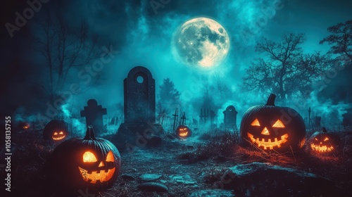 Experience a spooky halloween night under the full moon in the enigmatic graveyard shadows with glowing pumpkins