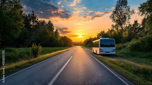 White bus traveling on the asphalt road around line of trees in rural landscape at sunset. 