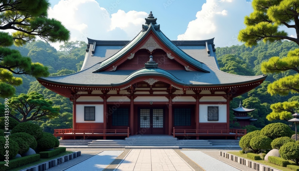 Elegant Asian temple nestled amidst lush greenery Elegant Asian temple nestled amidst lush greenery