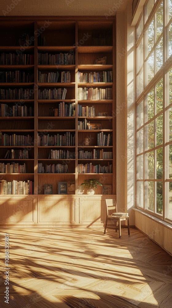 Elegant Empty Room with Natural Light and Bookshelves