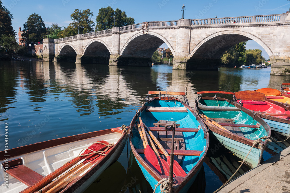 River view in Richmond upon Thames, London with boats in foreground
