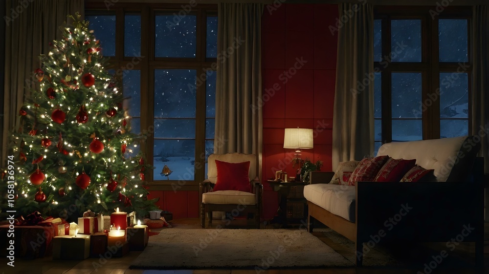 iving room with simple but elegant Christmas decorations, including a small Christmas tree in the corner of the room, decorative lights around the windows, and red and gold pillows and blankets with s iving room with simple but elegant Christmas decorations, including a small Christmas tree in the corner of the room, decorative lights around the windows, and red and gold pillows and blankets with s