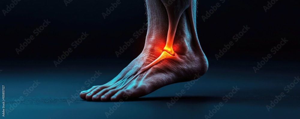 Anatomical detail of a human foot highlighting joint pain region, dark background. Anatomical detail of a human foot highlighting joint pain region, dark background.