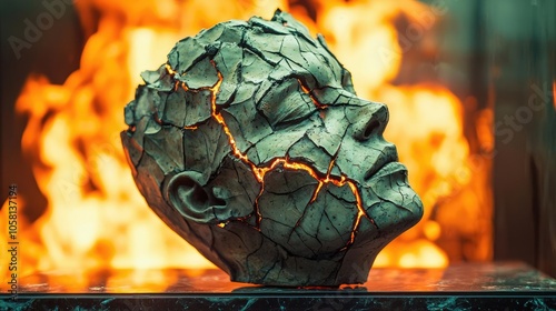 Cracked sculpture head with glowing fissures against fiery background