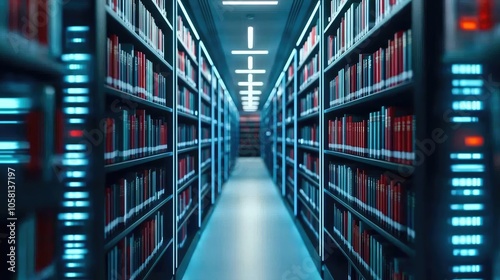 Modern library with shelves filled with books and bright lighting.