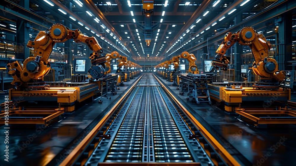 Obraz premium A futuristic industrial environment featuring robotic arms alongside assembly lines, emphasizing automation and advanced manufacturing technologies.