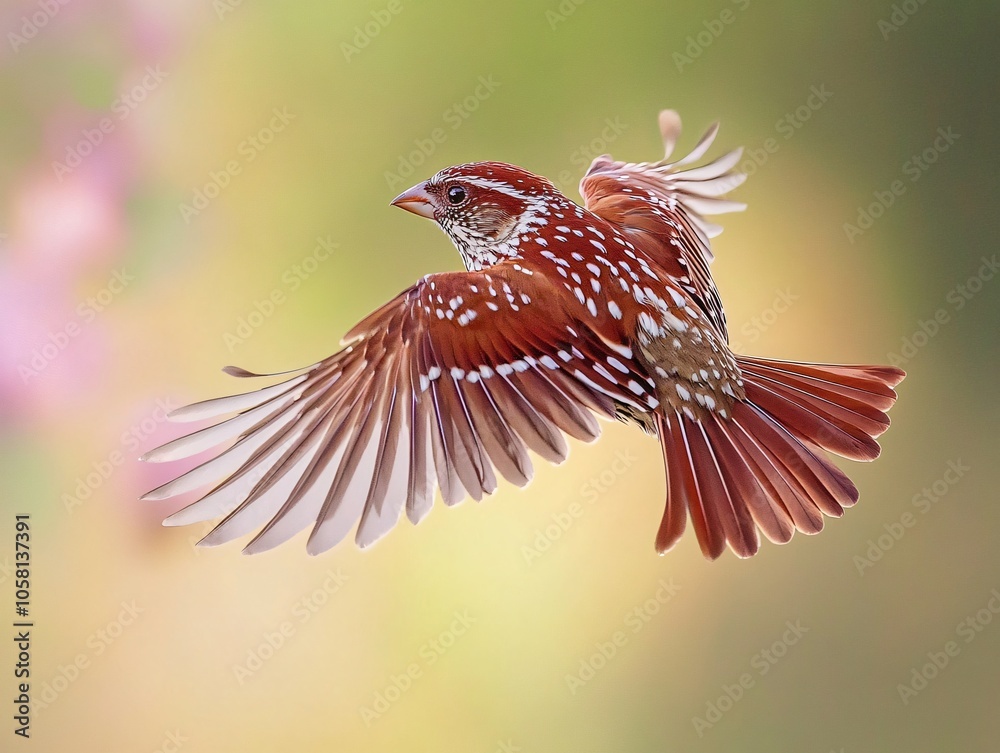 Obraz premium Fox Sparrow in Flight with Reddish-brown Streaked Plumage and Soft Natural Blur Background