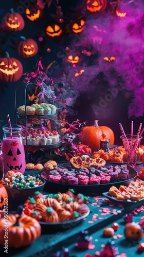 Festive Halloween Buffet Table with Desserts and Decorations photo