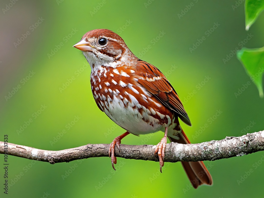 Fototapeta premium Fox Sparrow Perched on Branch with Reddish-brown Streaked Plumage and Soft Natural Blur Background