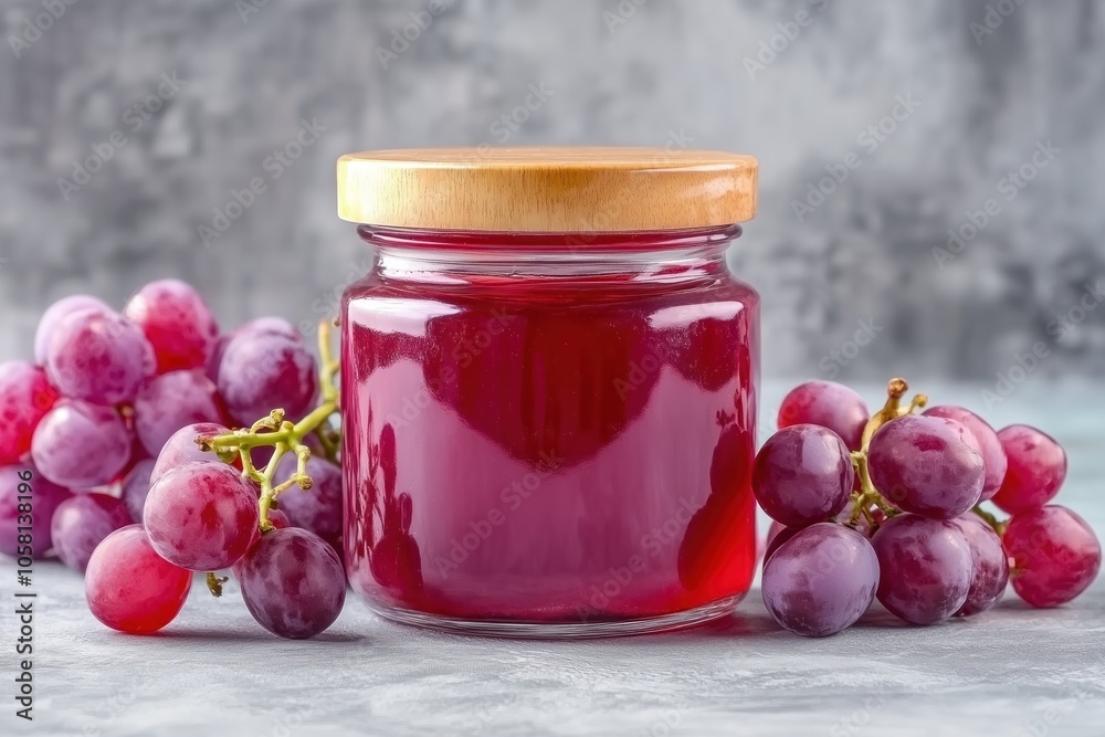 Fresh grape jam in a glass jar surrounded by ripe grapes on a textured surface in a kitchen setting Fresh grape jam in a glass jar surrounded by ripe grapes on a textured surface in a kitchen setting