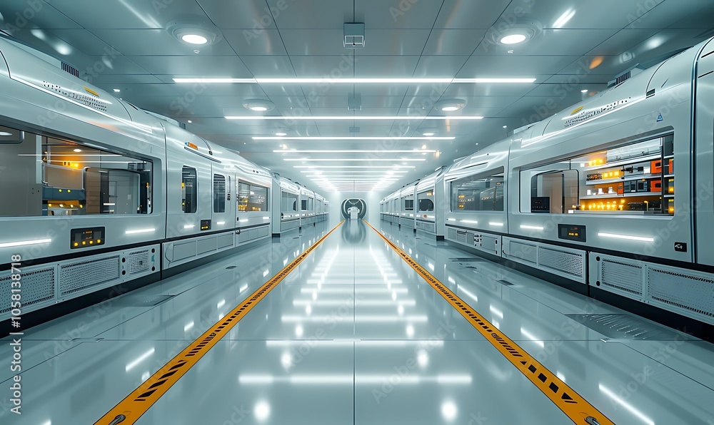 A futuristic, sterile corridor with bright lighting, sleek surfaces, and a high-tech atmosphere suggests advanced technology or a research facility. A futuristic, sterile corridor with bright lighting, sleek surfaces, and a high-tech atmosphere suggests advanced technology or a research facility.