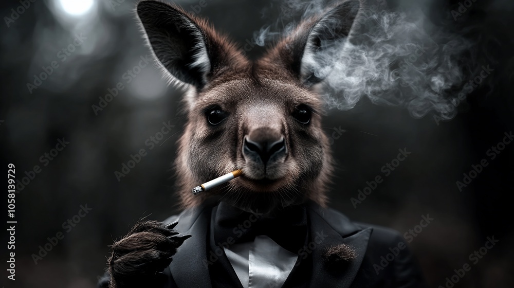 Fototapeta premium A kangaroo in a tuxedo smokes a cigarette, looking cool and sophisticated.