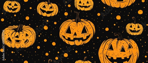 Seamless pattern of Halloween pumpkins with carved faces on a black background with orange dots.