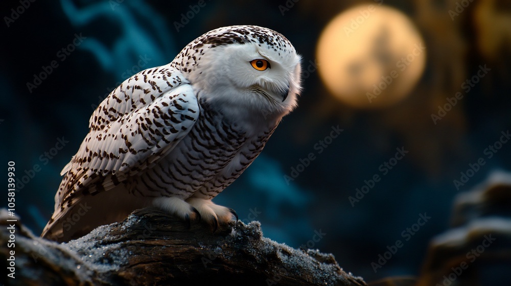 Fototapeta premium A snowy owl with piercing yellow eyes sits perched on a branch in front of a glowing full moon.