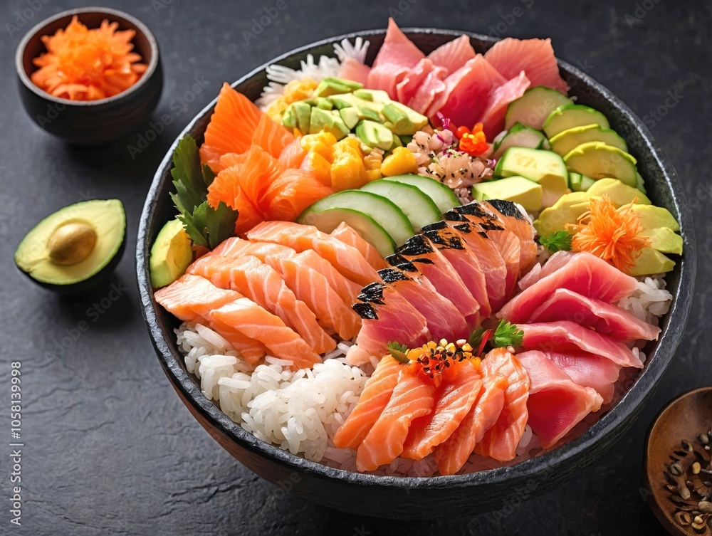 Overhead View of Chirashi Don (Sashimi Donburi) on Dark Slate Background Overhead View of Chirashi Don (Sashimi Donburi) on Dark Slate Background