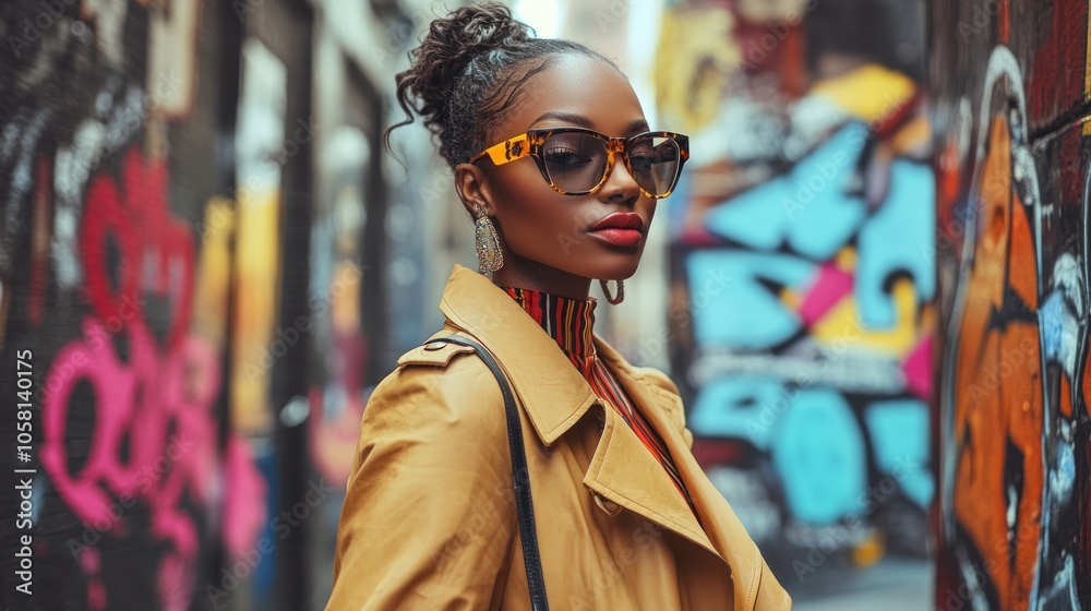 A young woman wearing a stylish outfit and sunglasses, standing in an alleyway with graffiti on the walls. A young woman wearing a stylish outfit and sunglasses, standing in an alleyway with graffiti on the walls.