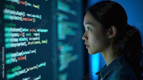 In front of an LCD screen with code projected onto it, a young Asian woman programmer demonstrates how technology and human expertise may be used in software development. 