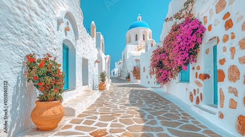 A cobblestone street winds through a picturesque whitewashed village in Greece, with vibrant bougainvillea flowers adding a splash of color. photo