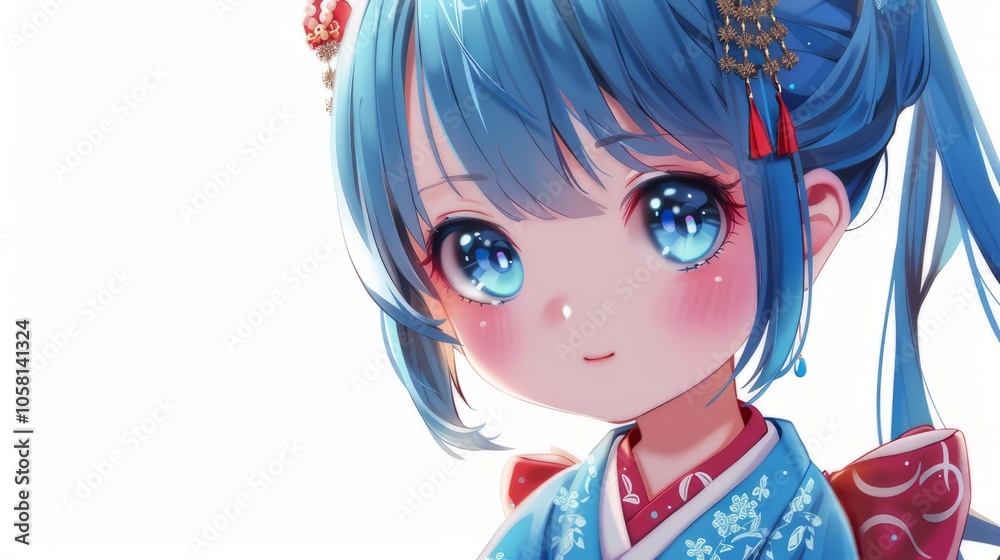 With blue hair styled elegantly, a cute anime girl wears a traditional Japanese kimono, her big eyes and delicate hair accessories adding to her charm. With blue hair styled elegantly, a cute anime girl wears a traditional Japanese kimono, her big eyes and delicate hair accessories adding to her charm.