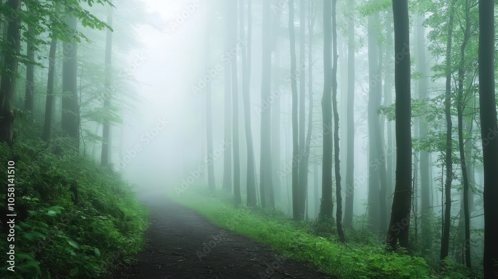 Naklejka premium A foggy forest with a path through it