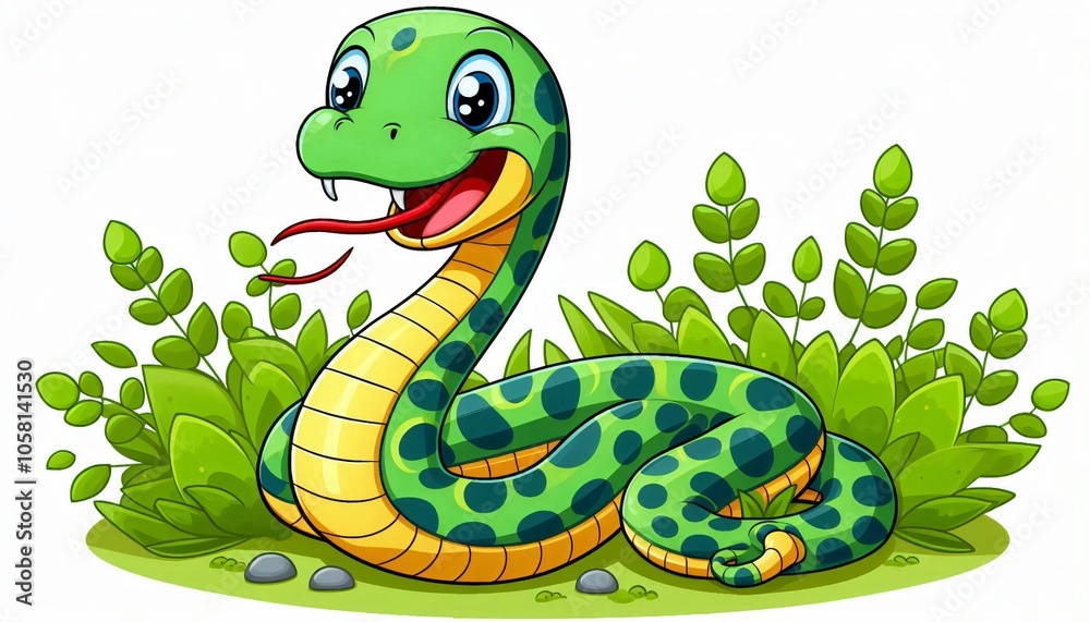 Naklejka premium Cute Cartoon Green Snake in Grass Illustration