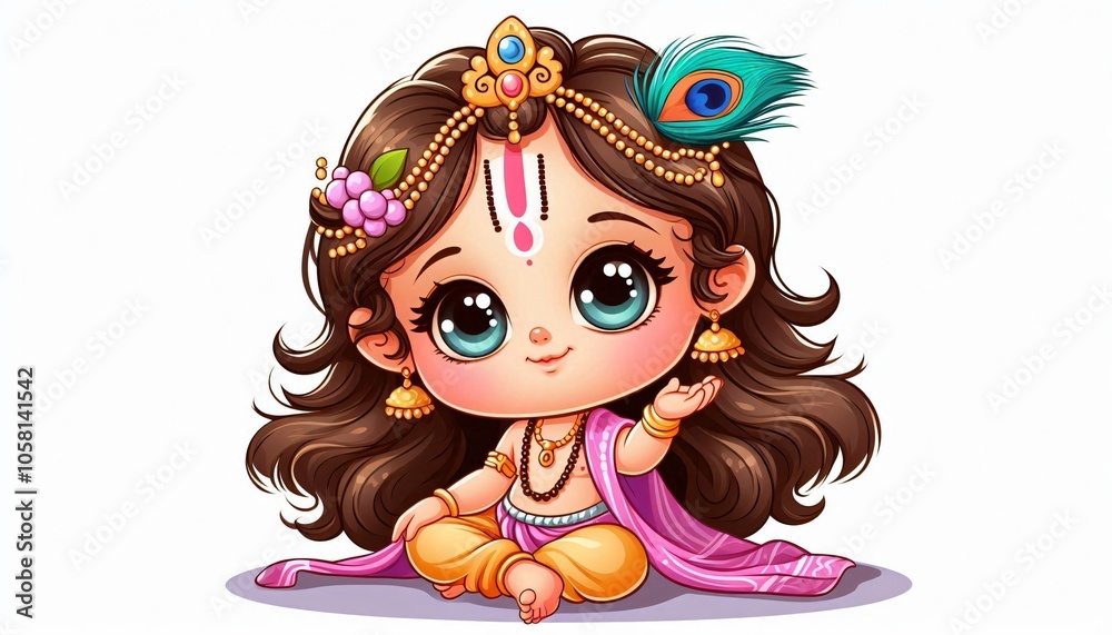 Naklejka premium Cute Cartoon Illustration of Krishna Hindu God
