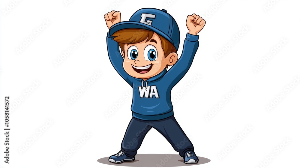 Happy Cartoon Boy Cheering With Arms Up Wearing Blue Hoodie And Hat Happy Cartoon Boy Cheering With Arms Up Wearing Blue Hoodie And Hat