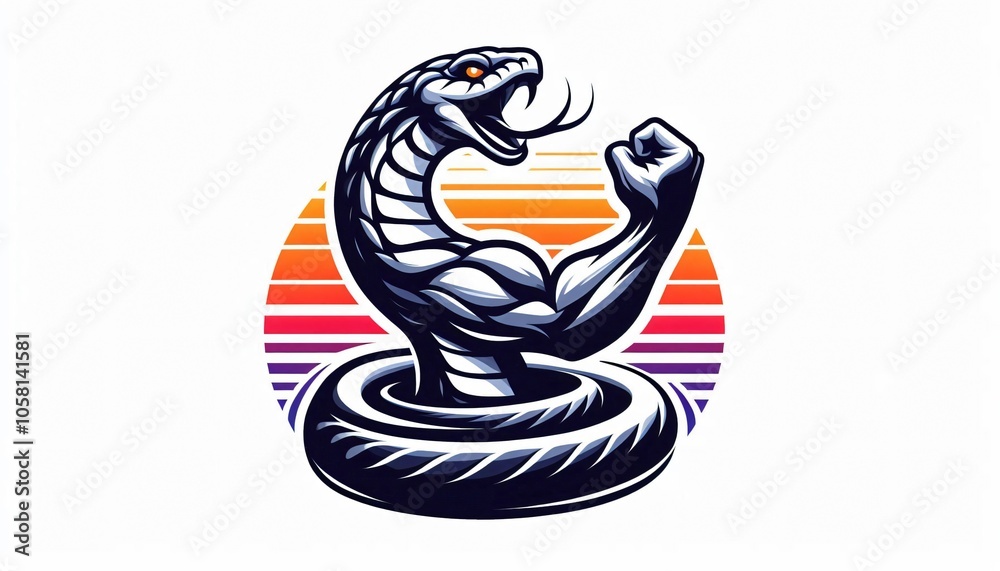 Strong Cobra Snake Mascot Logo Design with Tire and Sunset Strong Cobra Snake Mascot Logo Design with Tire and Sunset