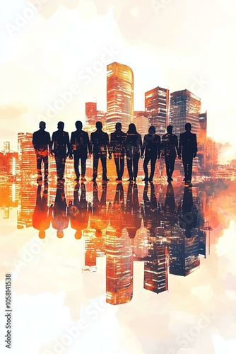 Double exposure panoramic teamwork business join hand together with silhouette business people and modern city background. business team standing hands together volunteer charity work. photo