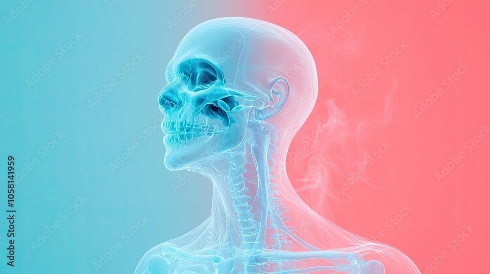 X-ray visualization of a human skull with a colorful gradient background. X-ray visualization of a human skull with a colorful gradient background.