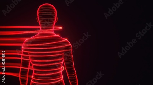 Abstract figure with red light streaks, against a black background.