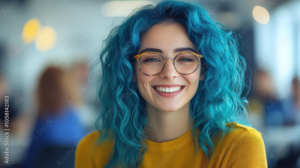 Joyful woman with blue hair in a wheelchair laughs during an office meeting, highlighting a positive, inclusive workplace.