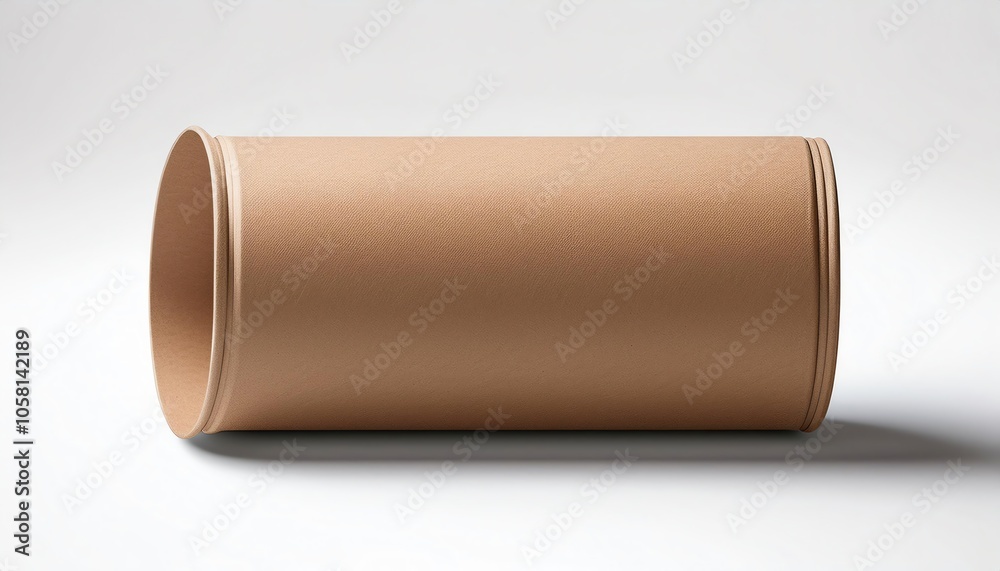 A brown cardboard cylinder lies on a white surface, displaying a simple and minimalistic design. A brown cardboard cylinder lies on a white surface, displaying a simple and minimalistic design.