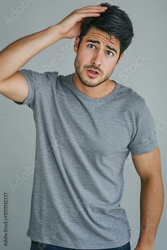 Handsome hispanic man wearing casual grey t shirt surprised with hand on head for mistake remember error. forgot bad memory concept.