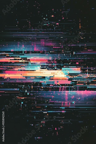 Horizontal distortion of broken video image on black background vhs effect glitch digital color pixel noise. stock abstract pixel background glitch texture. color digital noise vhs corrupted signal.