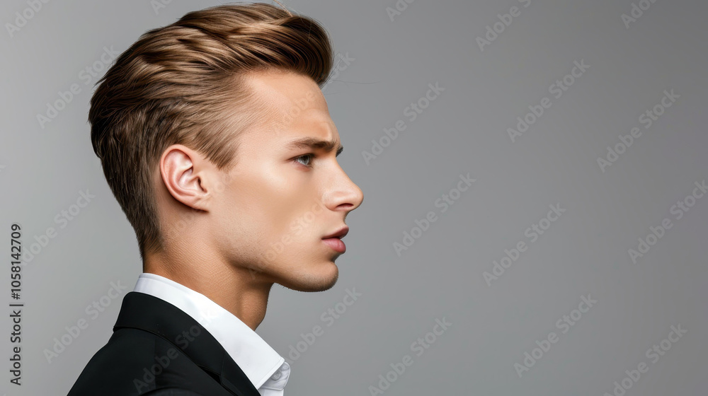 A dapper young man flaunts a sleek black suit, exuding charm and sophistication against a muted grey backdrop. A dapper young man flaunts a sleek black suit, exuding charm and sophistication against a muted grey backdrop.